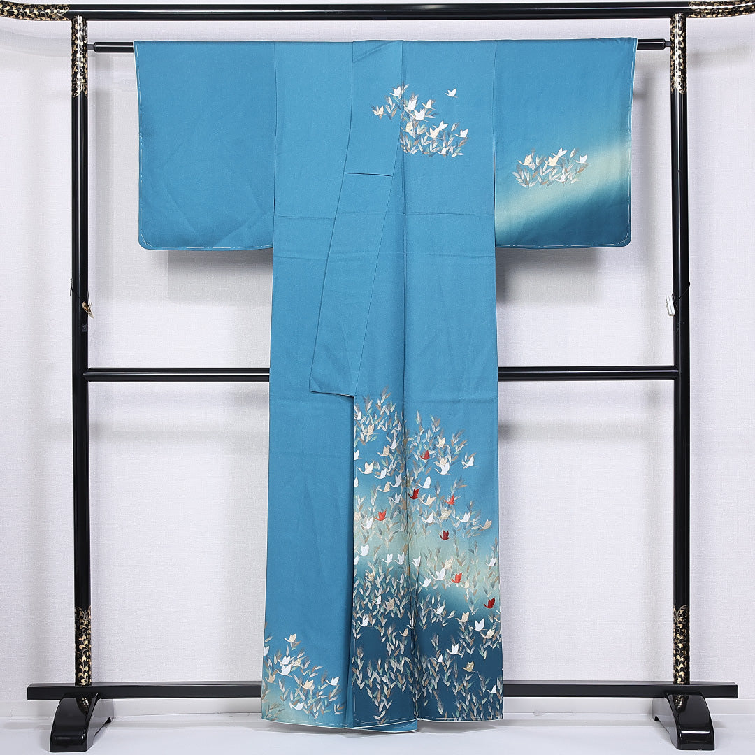 訪問着 袷 身丈153cm 裄丈62cm 正絹 Sランク セミフォーマル 広衿 Sサイズ ぼかし 金箔 刺繍 鶴 華やか 存在感 水色系 RP 1217-11200