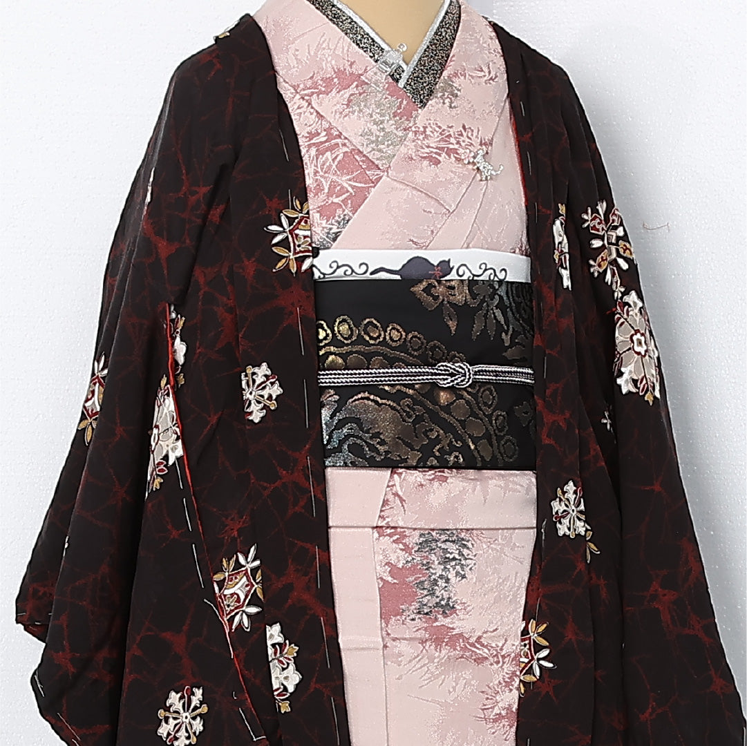 アンティーク 黒羽織 (錦紗) 単衣 身丈95cm 裄丈60cm 正絹 Aランク Sサイズ 雪花 黒系 M4 1233-12539