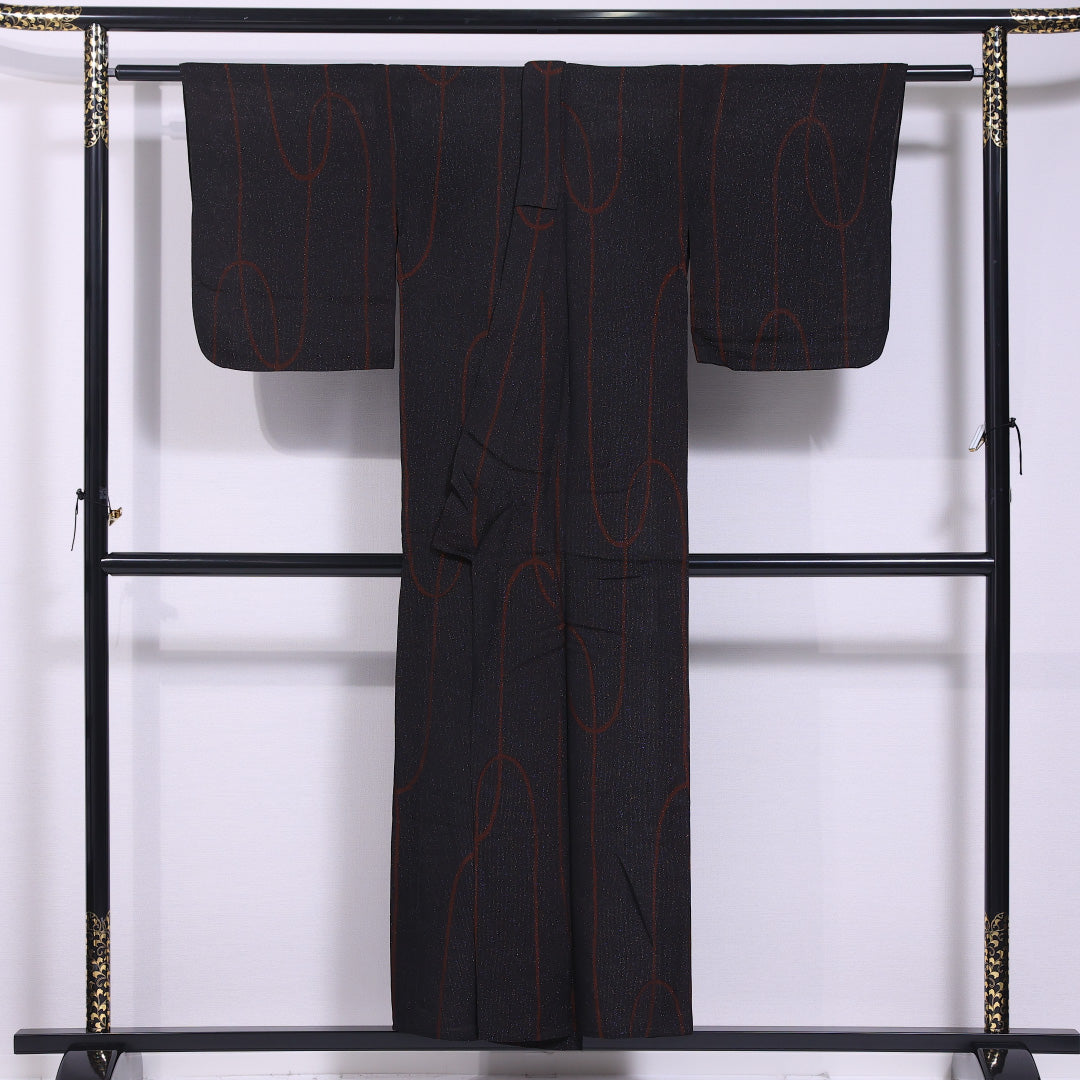 夏物 小紋 二重紗 身丈150cm 裄丈62cm 正絹 Sランク インフォーマル バチ衿 Sサイズ 創作柄 黒系 RP 1221-11763