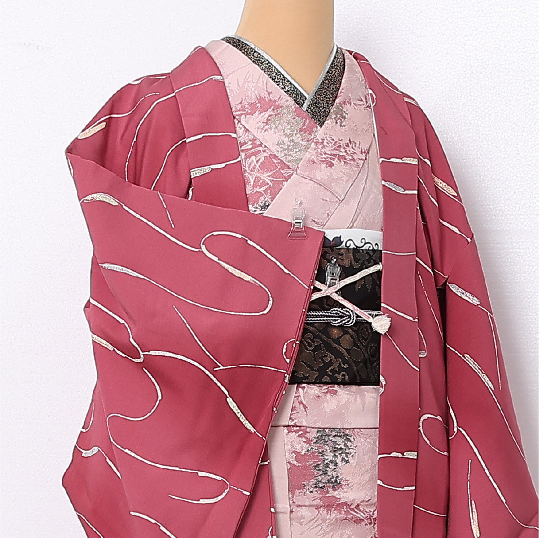 羽織 袷 身丈85cm 裄丈65cm 正絹 Cランク カジュアル Mサイズ ぼかし染 紐あり 創作柄 ピンク系 HP 1232-12762