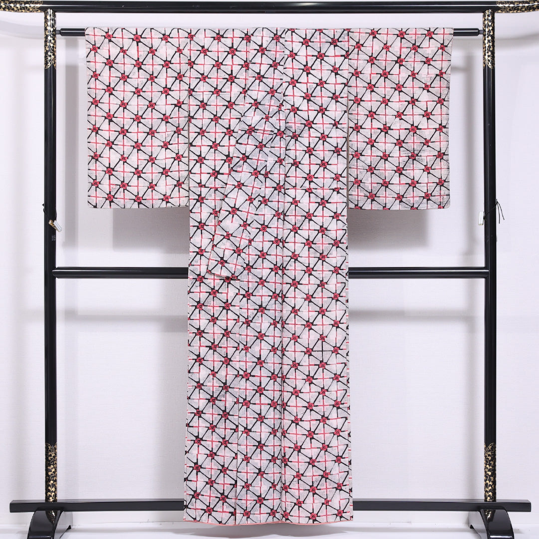 小紋 袷 身丈159cm 裄丈63cm 正絹 Aランク インフォーマル 広衿 Mサイズ 格子 梅 グレー系 HP 1221-11582