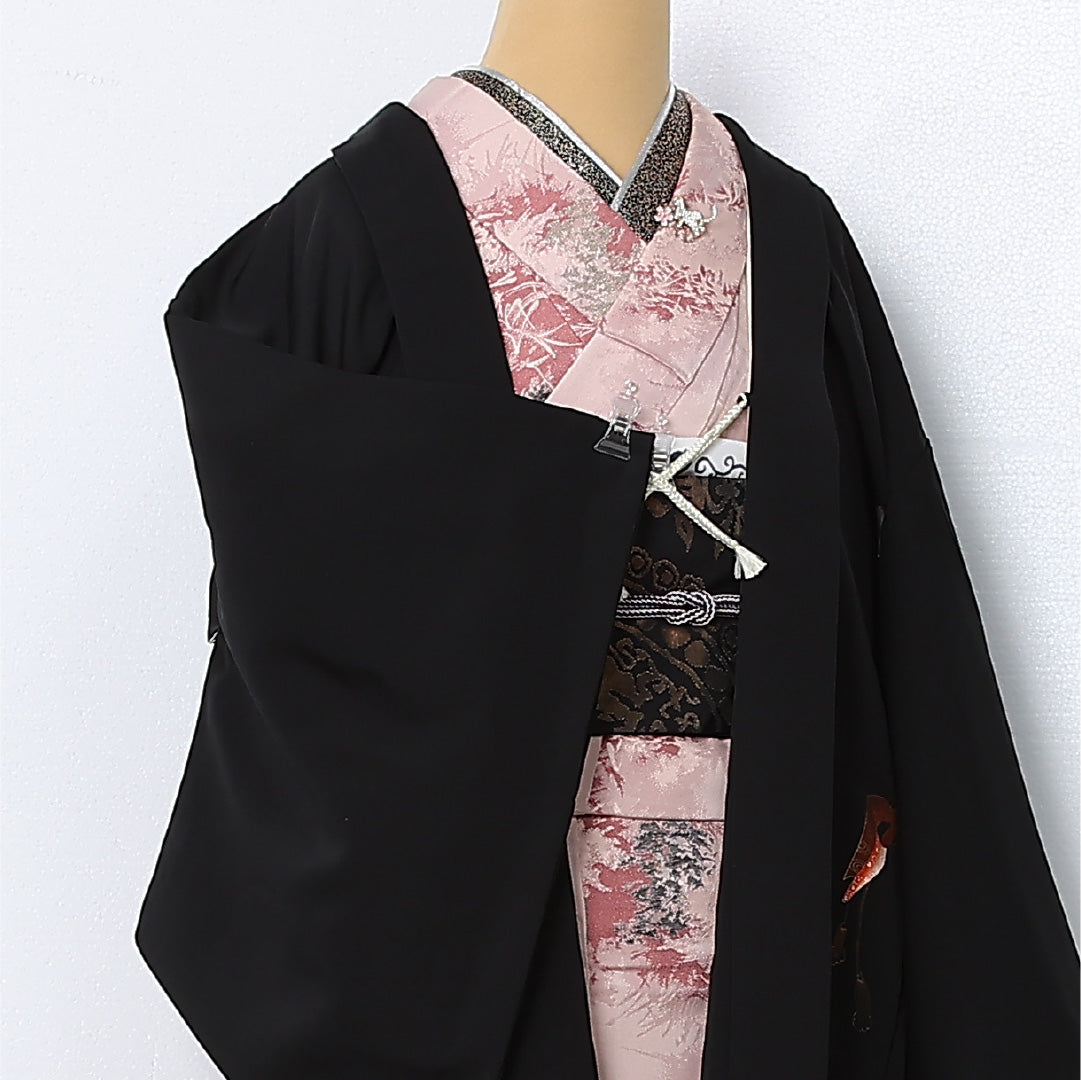 黒羽織 袷 身丈75cm 裄丈64cm 正絹 Cランク 一つ紋 (花菱) セミフォーマル Mサイズ 紐あり 扇 牡丹 黒系 LP 1233-12833