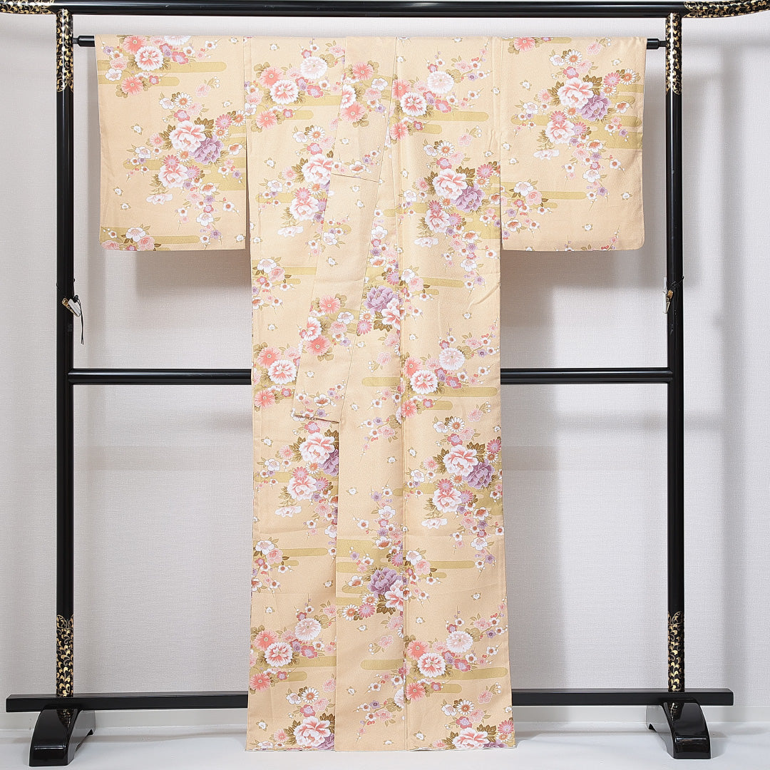 小紋 洗える着物 袷 身丈165cm 裄丈66cm ポリエステル Dランク XLサイズ 広衿 インフォーマル エ霞 牡丹 ベージュ系 1215-14920