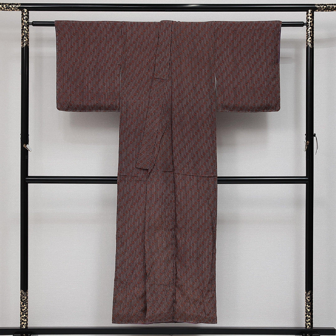 アンティーク 小紋 袷 身丈149cm 裄丈61cm 正絹 Aランク バチ衿 XSサイズ 縞 創作柄 茶系 RP 1221-14327