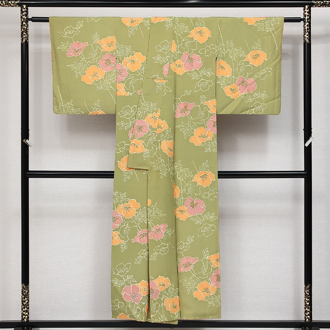 洗える着物 小紋 袷 身丈149cm 裄丈61cm ポリエステル Sランク インフォーマル 広衿 XSサイズ 花柄 緑系 RP 1221-14308