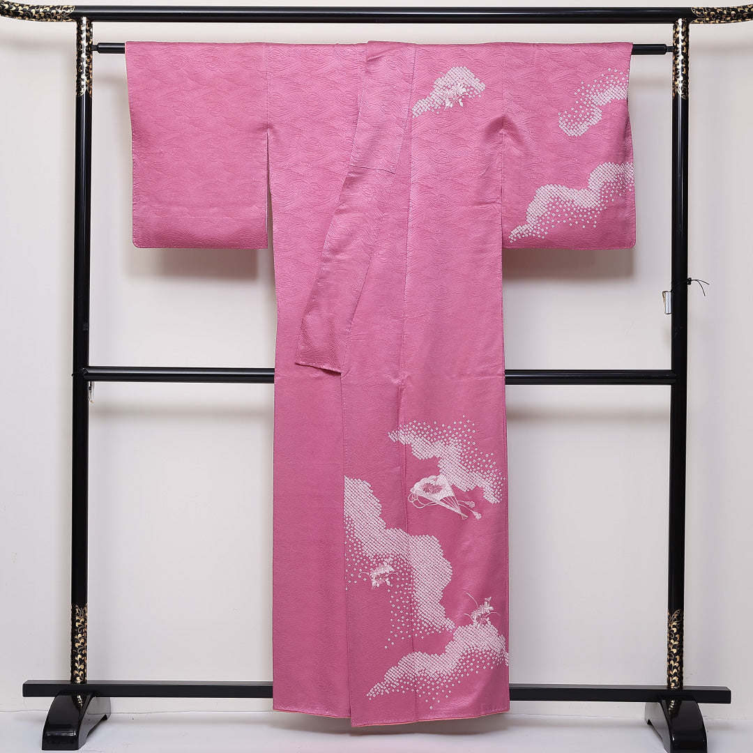 訪問着 袷 身丈156cm 裄64cm 正絹 扇子 部分絞り 菊 刺繍 Aランク 1212-00718