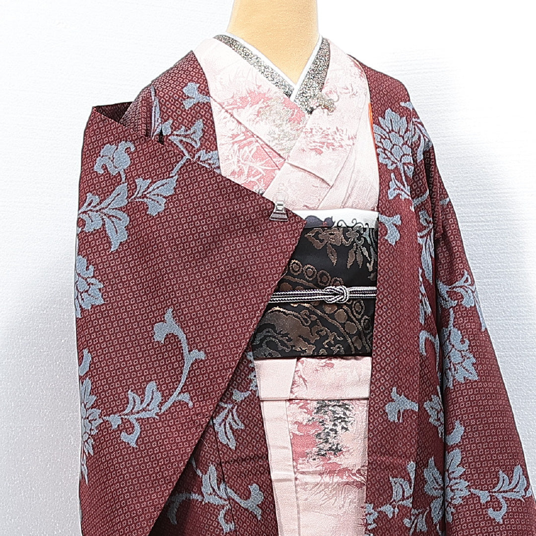 アンティーク 羽織（お召） 袷 身丈94cm 裄丈63cm 正絹 Aランク Sサイズ 唐華 赤系 茶系 1217-14759