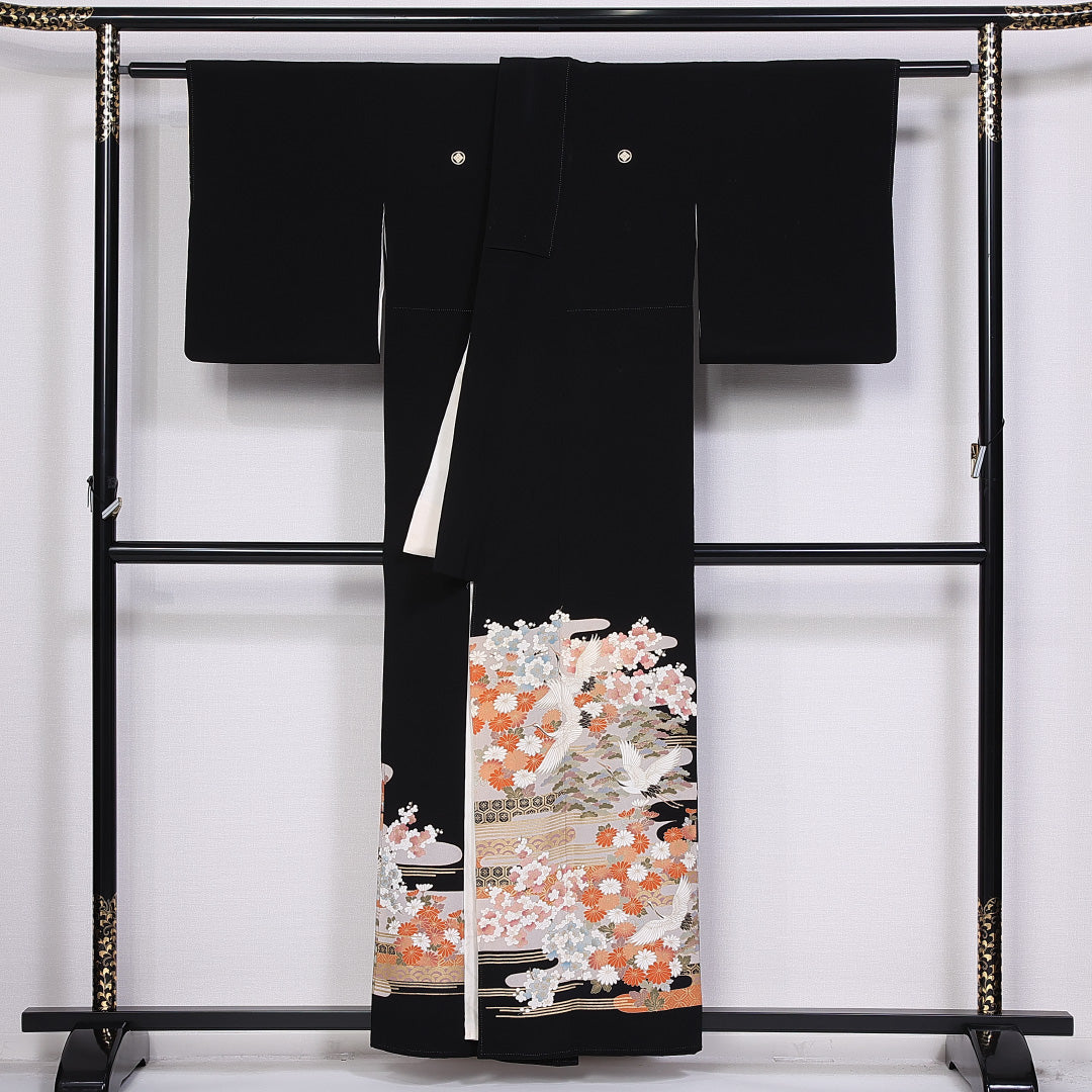 黒留袖 身丈155cm 裄丈59cm 袷 五つ紋 丸に四ツ目菱 正絹 Cランク 広衿 比翼仕立て 友禅 鶴 吉祥文様 1211-F0346