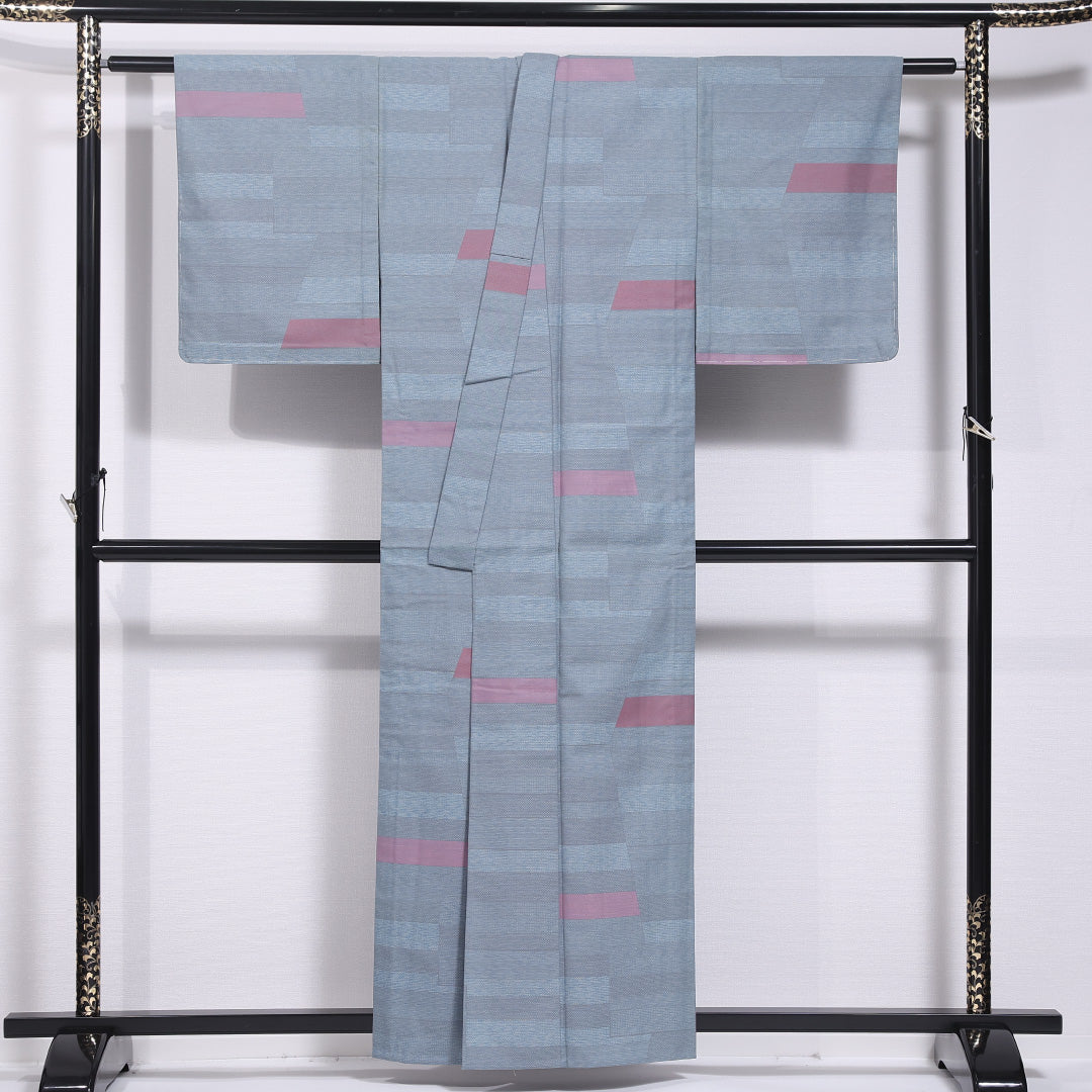 紬 単衣 身丈156cm 裄丈61cm 正絹 Aランク カジュアル バチ衿 Mサイズ 肩当て 創作柄 水色系 HP 1223-11727