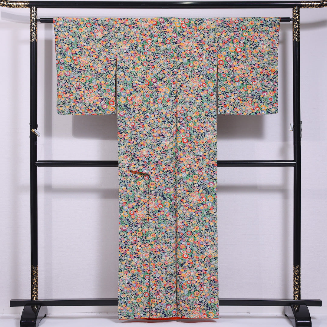 小紋 袷 身丈159cm 裄丈63cm 正絹 Sランク インフォーマル 広衿 Mサイズ 菊 植物柄 緑系 RP 1221-11747