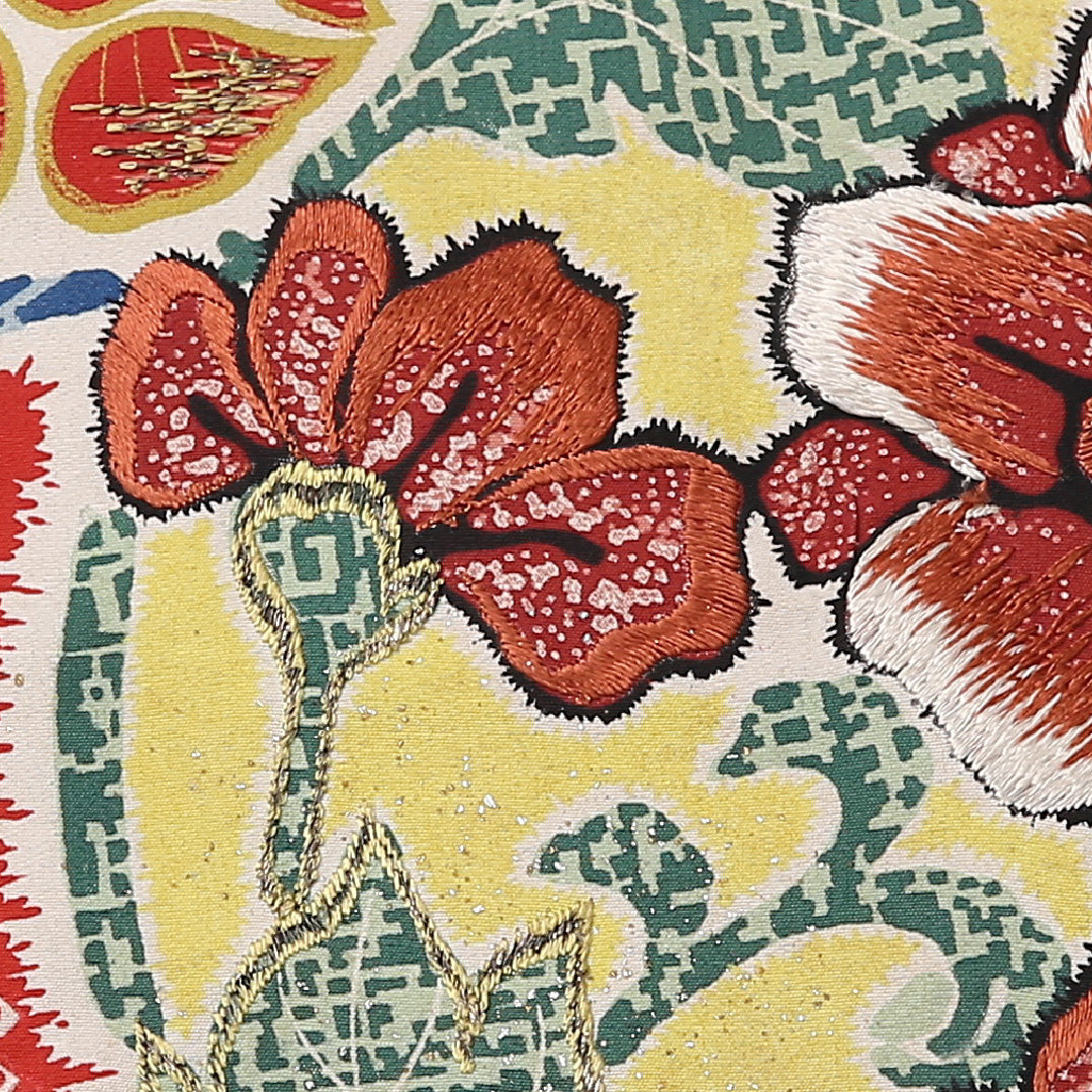 アンティーク 九寸 名古屋帯 帯丈342cm 名古屋仕立て 全通 Aランク カジュアル 正絹 刺繍 花柄 芸術的 存在感 赤系 1224-02737