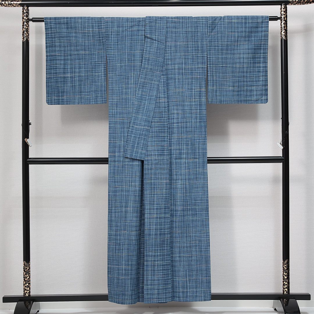 紬 単衣 身丈153cm 裄丈64cm 正絹 Aランク カジュアル 広衿 Sサイズ 格子 水色系 RP 1223-14728