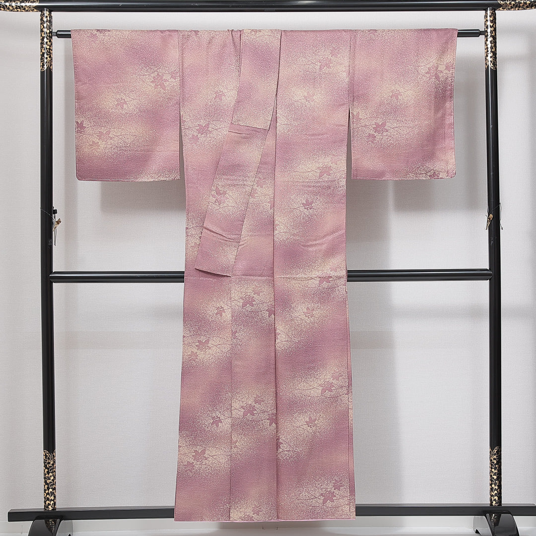 紬 洗える着物 袷 身丈153cm 裄丈63cm ポリエステル Sランク Sサイズ 広衿 カジュアル 楓 しつけ糸 紫系 1216-14975
