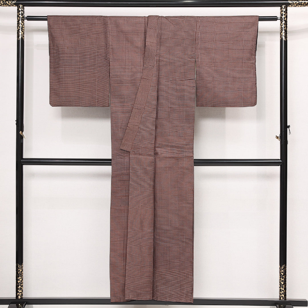 紬 袷 身丈152cm 裄丈62cm 正絹 Cランク カジュアル バチ衿 Sサイズ 格子 茶系 HP 1223-13383