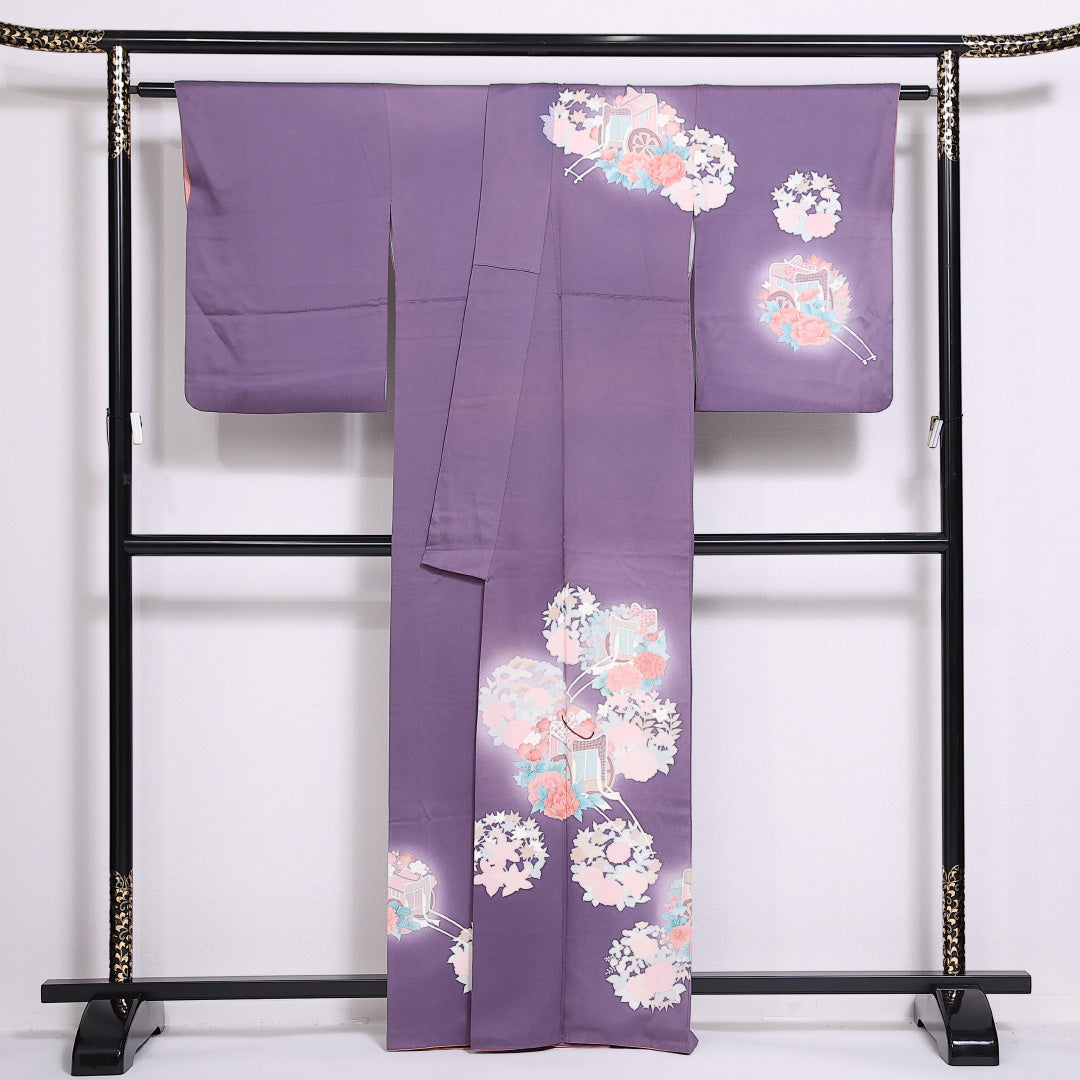 訪問着 袷 身丈161cm 裄丈65cm 正絹 Cランク セミフォーマル 広衿 Lサイズ ぼかし染 花車 紫系 LP 1217-04816