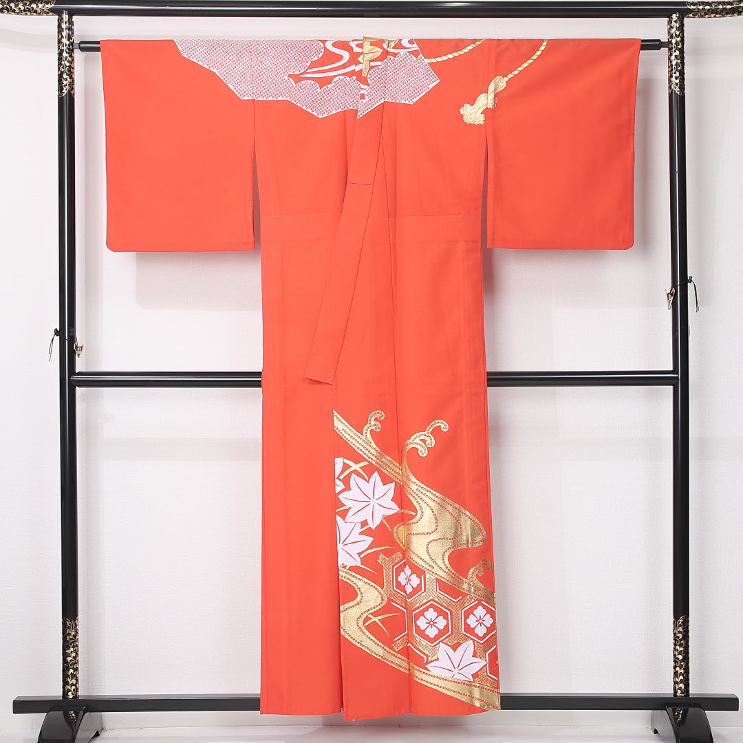 洗える着物 訪問着 単衣 身丈153cm 裄丈66cm ポリエステル Sランク セミフォーマル バチ衿 Sサイズ 扇 花菱亀甲 紅葉 朱系 RP 1217-12444