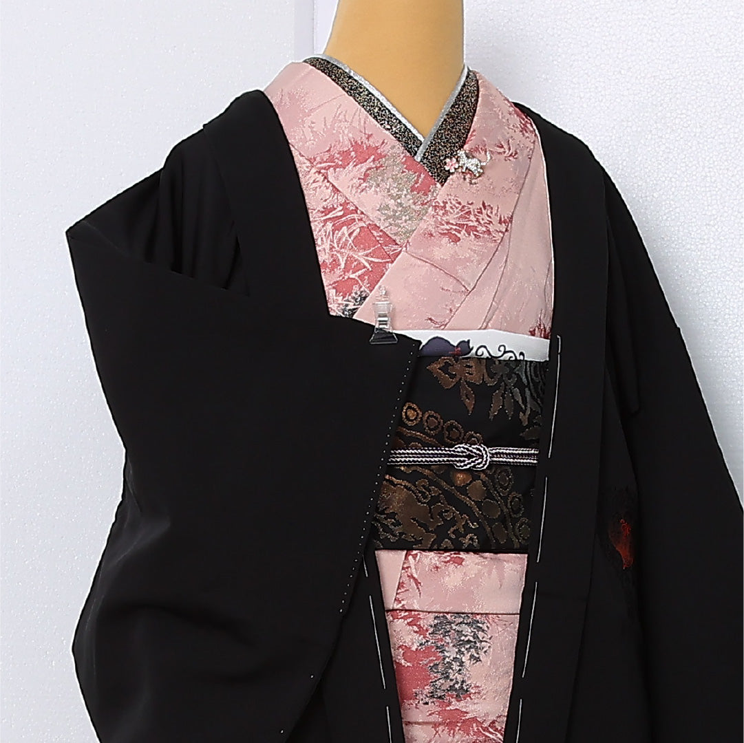黒羽織 袷 身丈80cm 裄丈64cm 正絹 Cランク インフォーマル Mサイズ 刺繍 鹿 黒系 HP 1233-12924