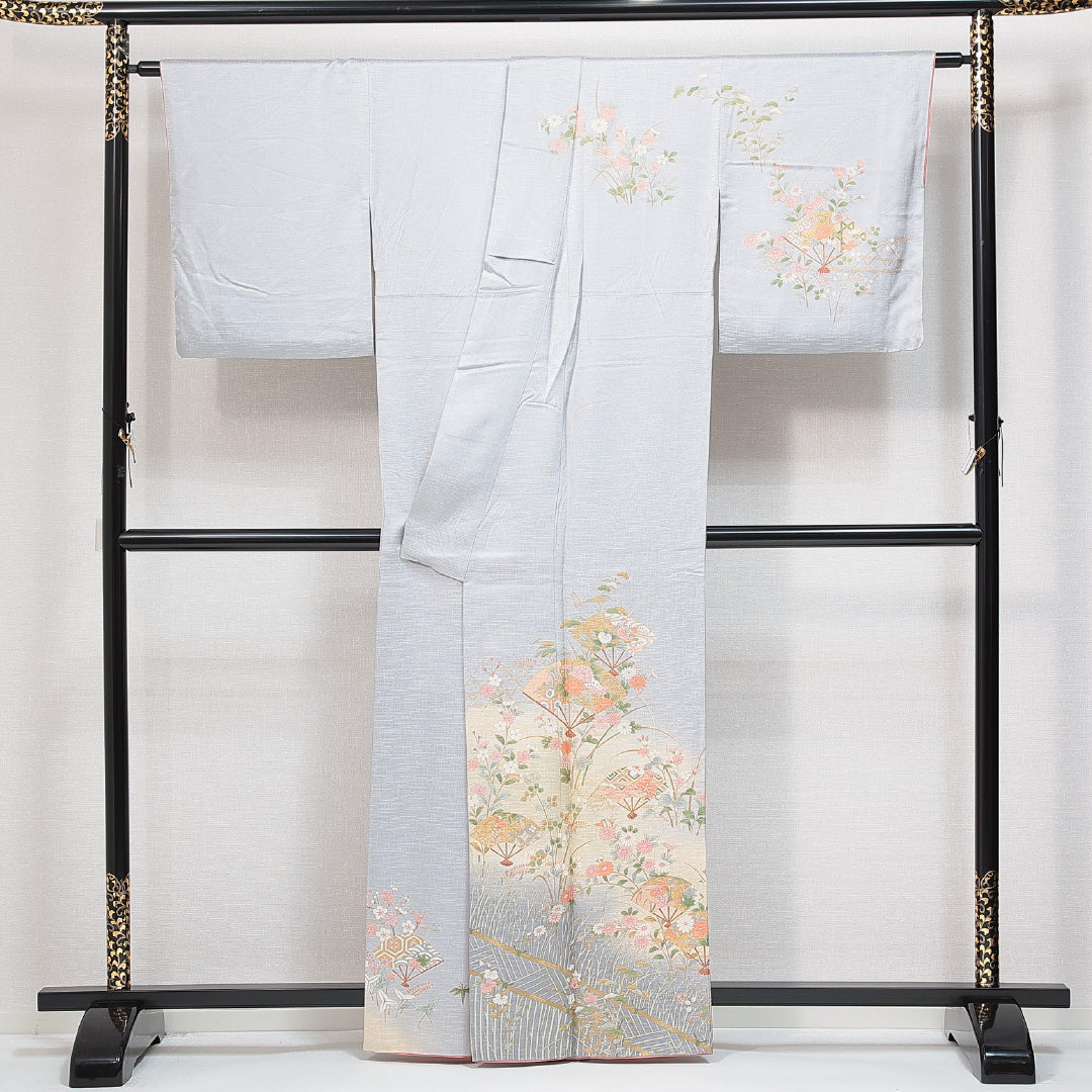 訪問着 袷 身丈160cm 裄丈65cm 正絹 Aランク Lサイズ 広衿 セミフォーマル 扇 グレー系 1212-14805