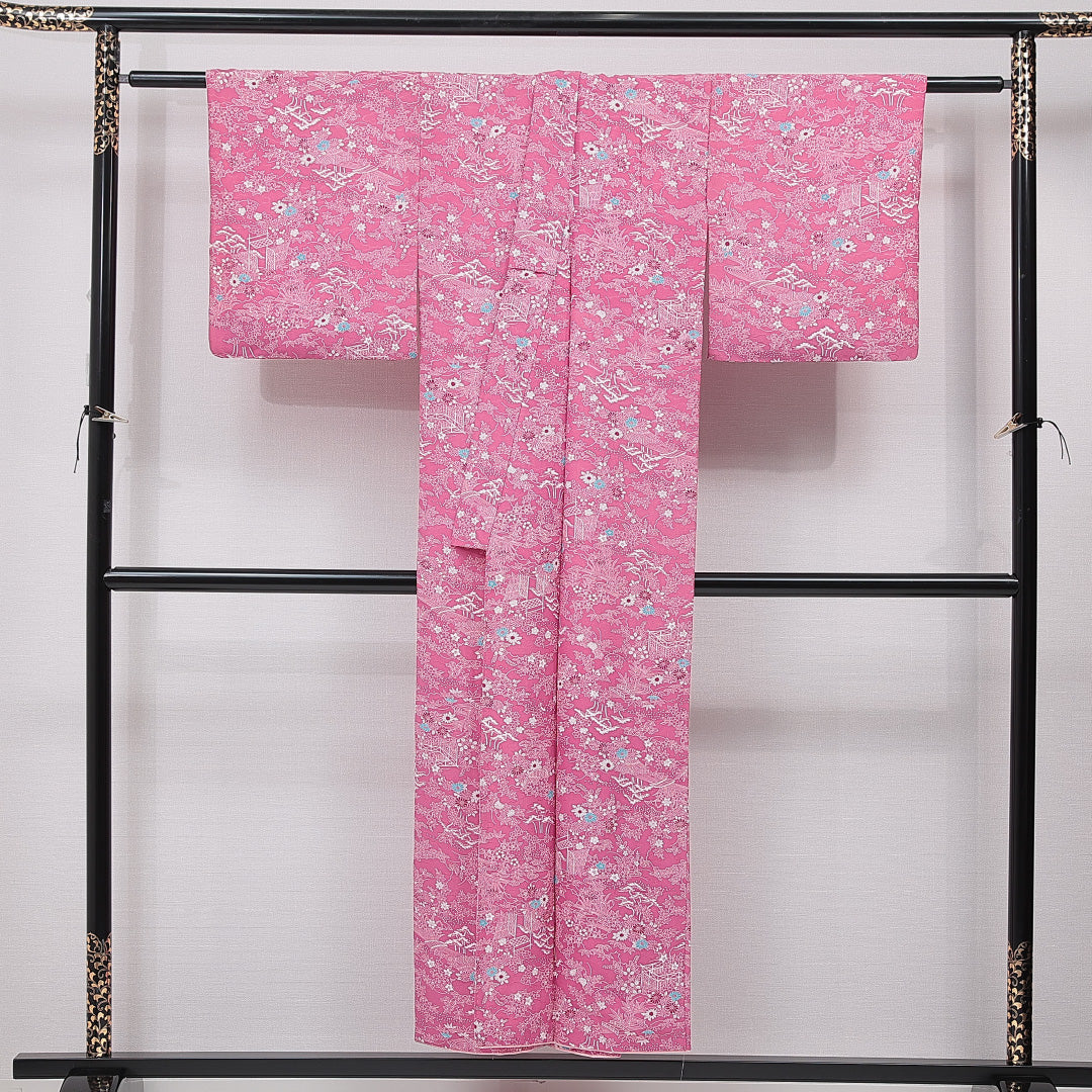 小紋 袷 身丈149cm 裄丈62cm 正絹 Sランク インフォーマル バチ衿 XSサイズ 流水 菊 ピンク系 RP 1221-15617