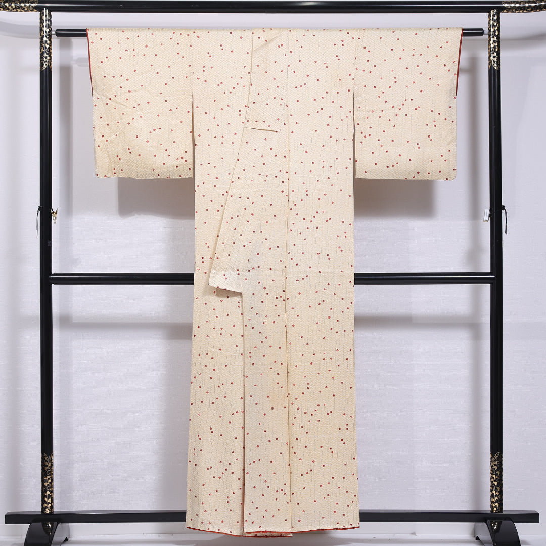 小紋 袷 身丈155cm 裄丈62cm 正絹 Aランク インフォーマル 広衿 Mサイズ 花柄 クリーム系 HP 1221-11833