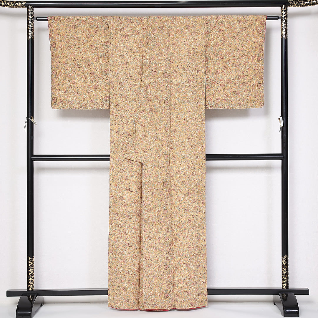 小紋 袷 身丈160cm 裄62.5cm 正絹 ちりめん 更紗 後染め 黄系 紬 Sランク しつけ糸 1215-02444