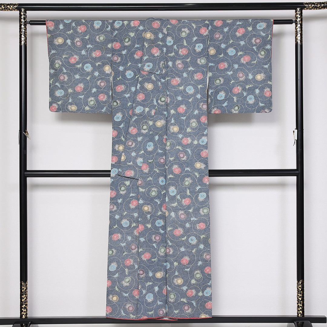 小紋 袷 身丈151cm 裄62cm 正絹 鮫 唐草 菊 青系 Cランク 1215-02439