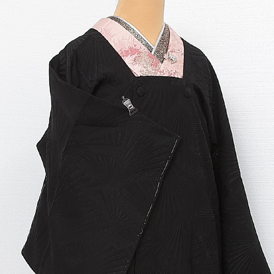 未使用品 道行コート 袷 身丈85cm 裄丈63cm 正絹 Nランク セミフォーマル Sサイズ 壽光織 ふくれ織 慶弔両用 ポケットあり 証紙 しつけ糸 黒系 RP 1237-13943