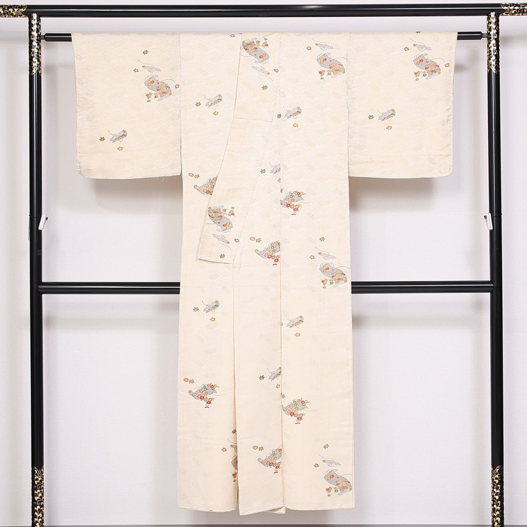 小紋 身丈145cm 裄丈62cm Sランク 袷 正絹 広衿 扇子 巻物 古典柄 1215-10004