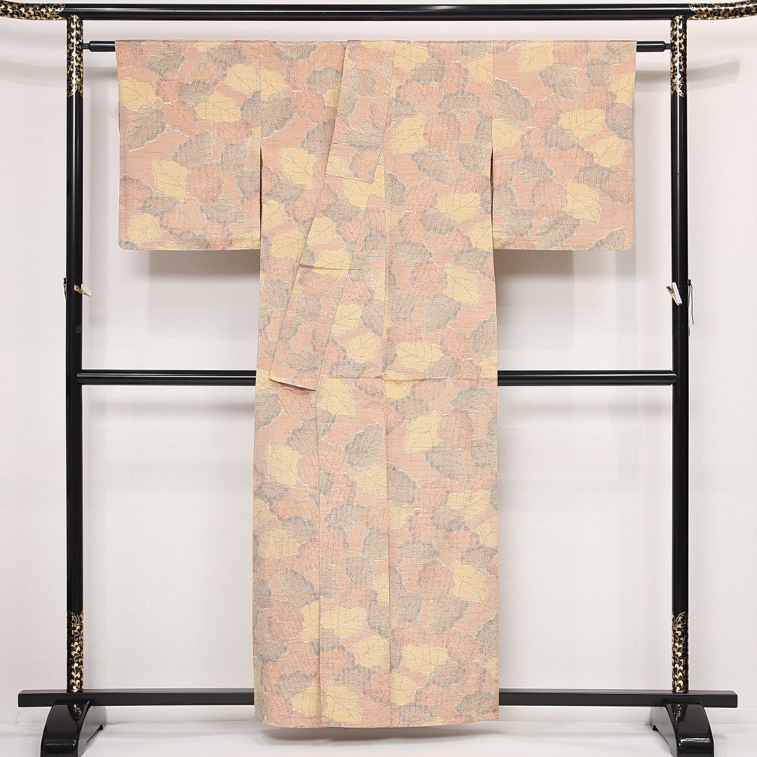 飯田紬 単衣 身丈157cm 裄丈65cm 正絹 Sランク インフォーマル 広衿 Mサイズ ピンク系 RP 1223-13269