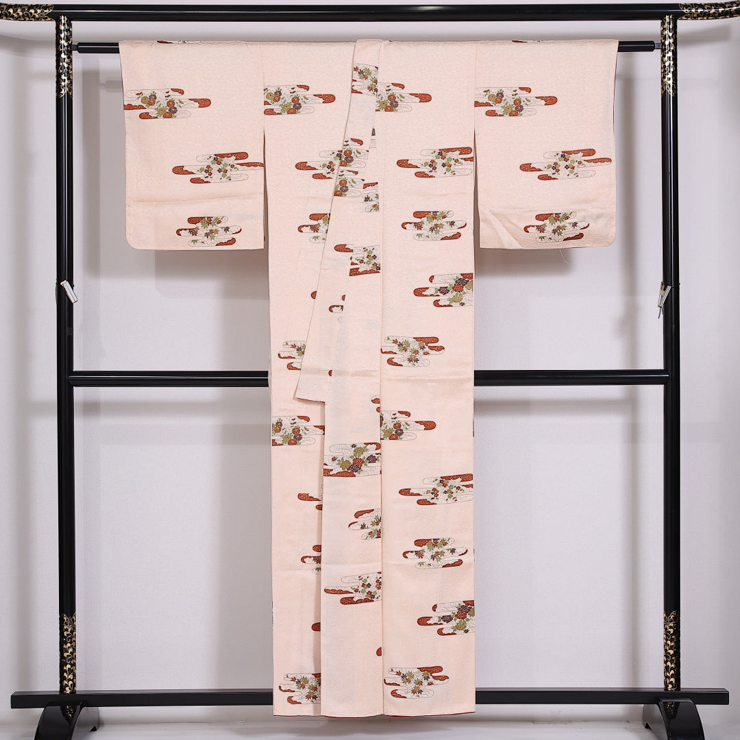小紋 袷 身丈155cm 裄62cm 正絹 エ霞 金箔 クリーム系 Sランク しつけ糸 1215-02474