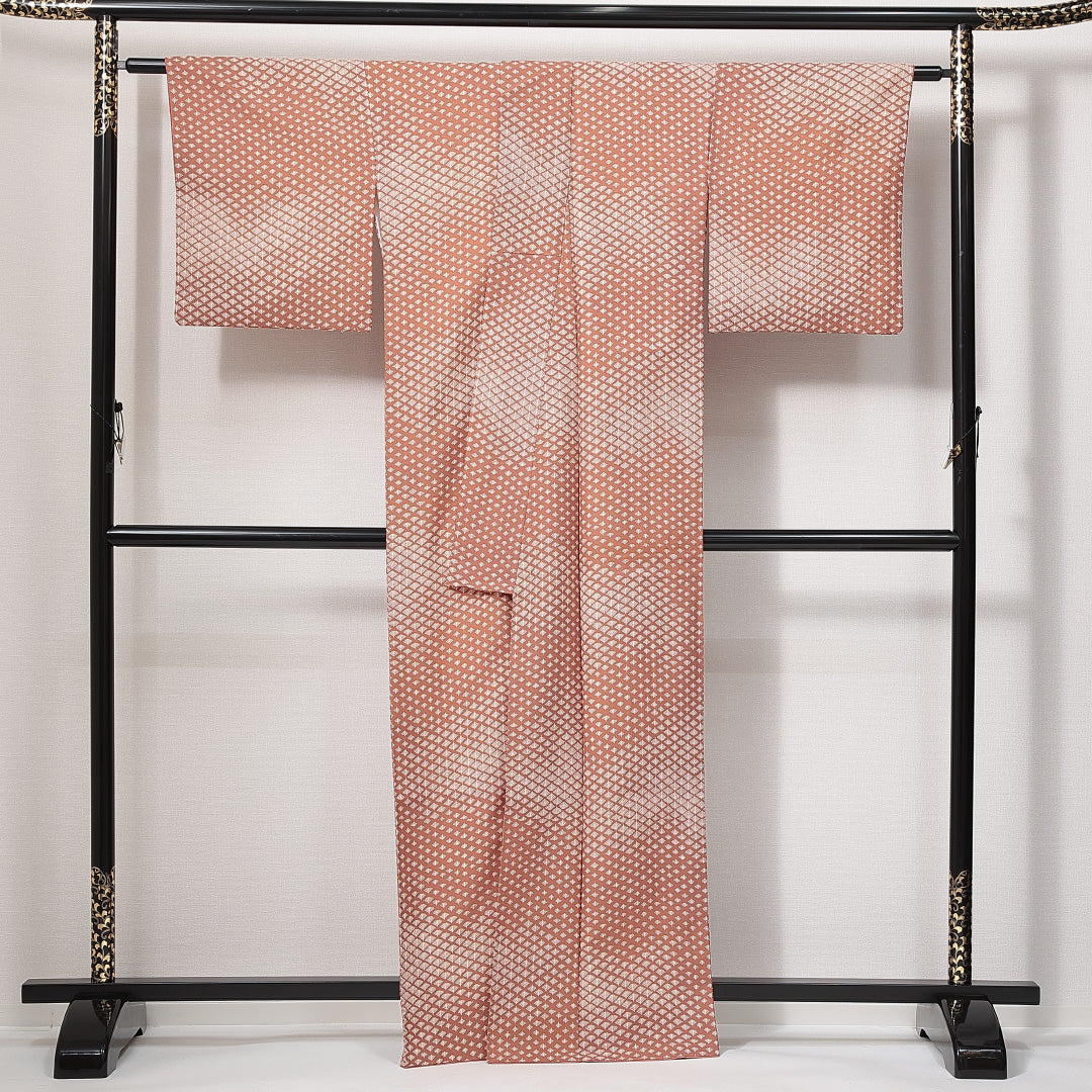 小紋 洗える着物 袷 身丈163cm 裄丈64cm ポリエステル Sランク Lサイズ 広衿 インフォーマル 抽象柄 茶系 白系 1215-14817