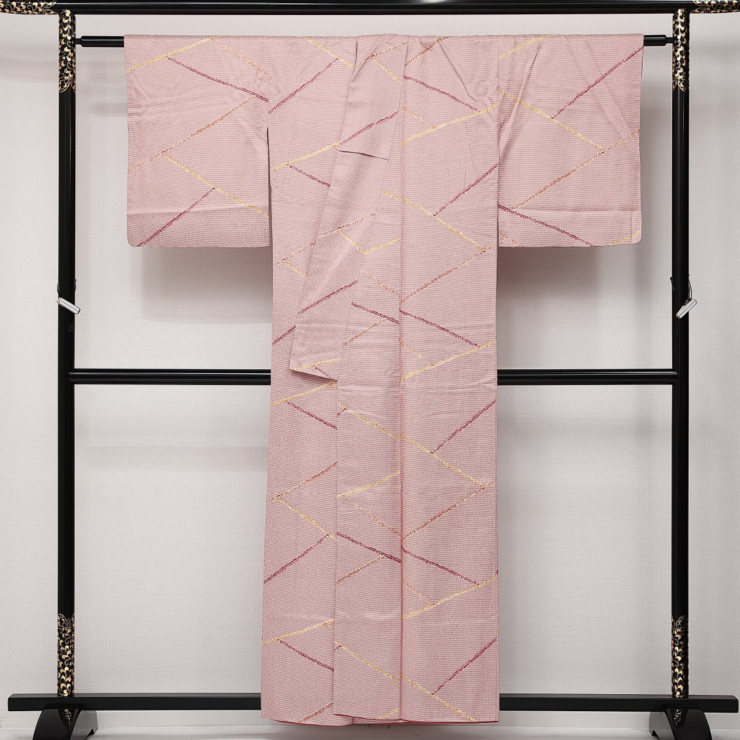 小紋 袷 身丈156cm 裄丈63cm 正絹 Aランク インフォーマル 広衿 Mサイズ 創作柄 ピンク系 RP 1221-14181