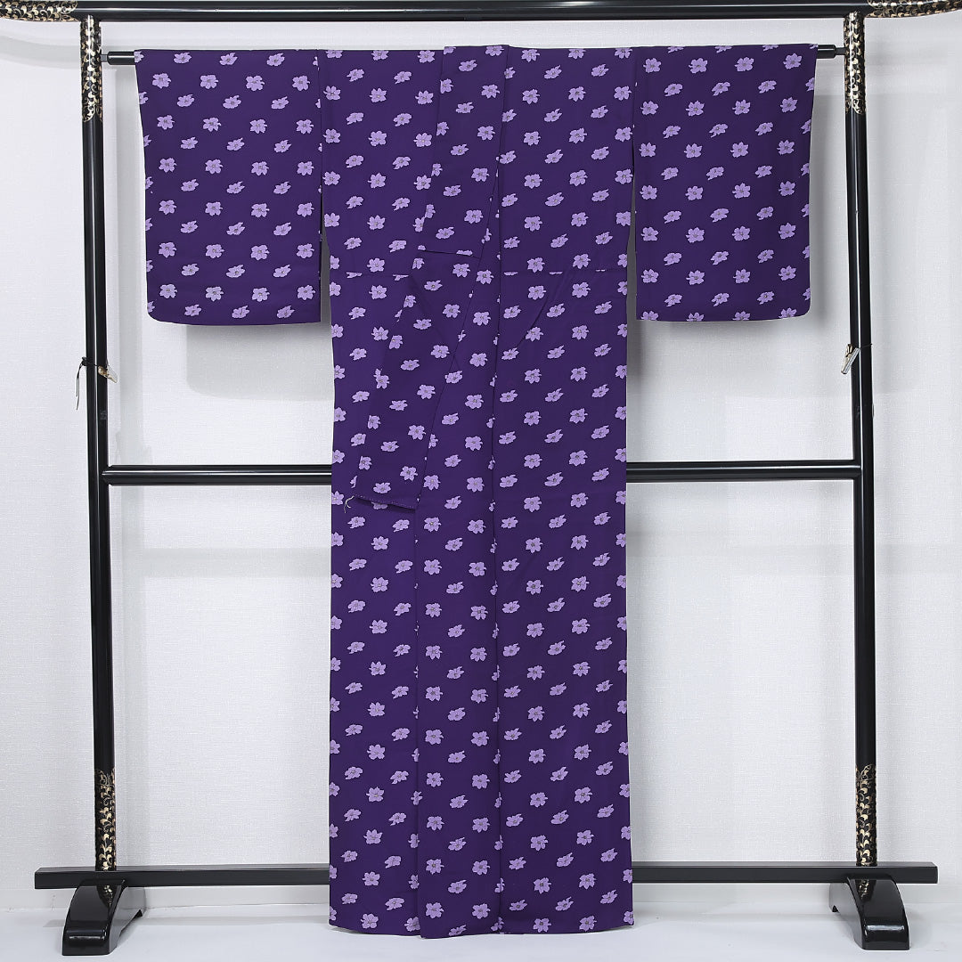 小紋 身丈161cm 裄丈65cm Cランク L ポリエステル 洗える着物 単衣 広衿 カジュアル 紫系 1215-12296