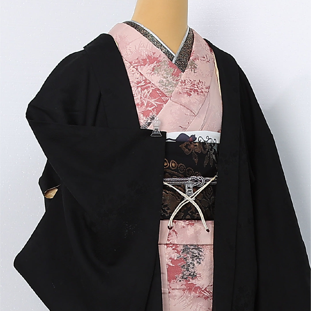 黒羽織 袷 身丈85cm 裄丈66cm 正絹 Bランク 一つ紋 (丸に木瓜) セミフォーマル Mサイズ 紐あり 無地 黒系 HP 1233-12599