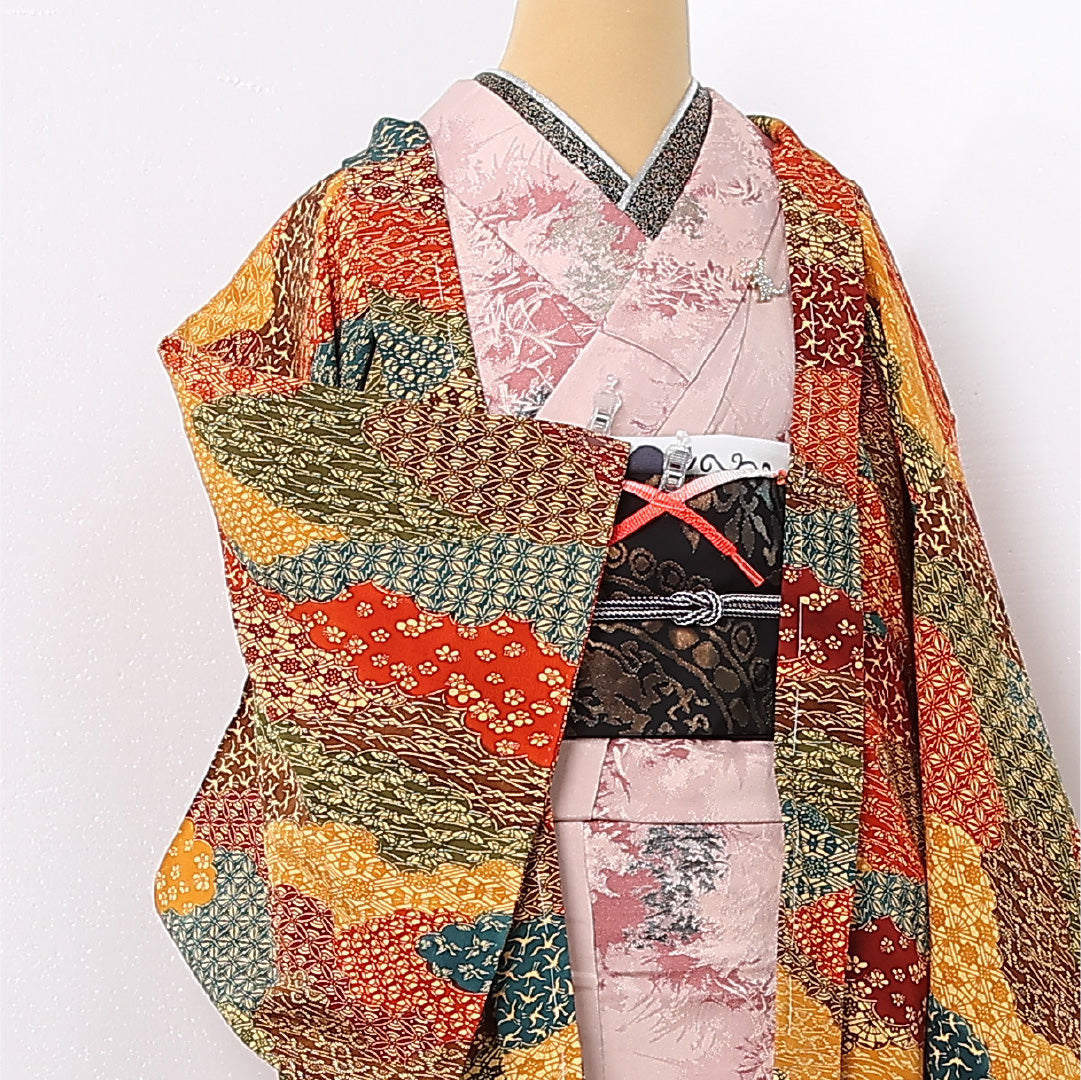 羽織 袷 身丈80cm 裄丈62cm 正絹 Sランク カジュアル Sサイズ 紐あり 証紙 多色系 RP 1232-12720