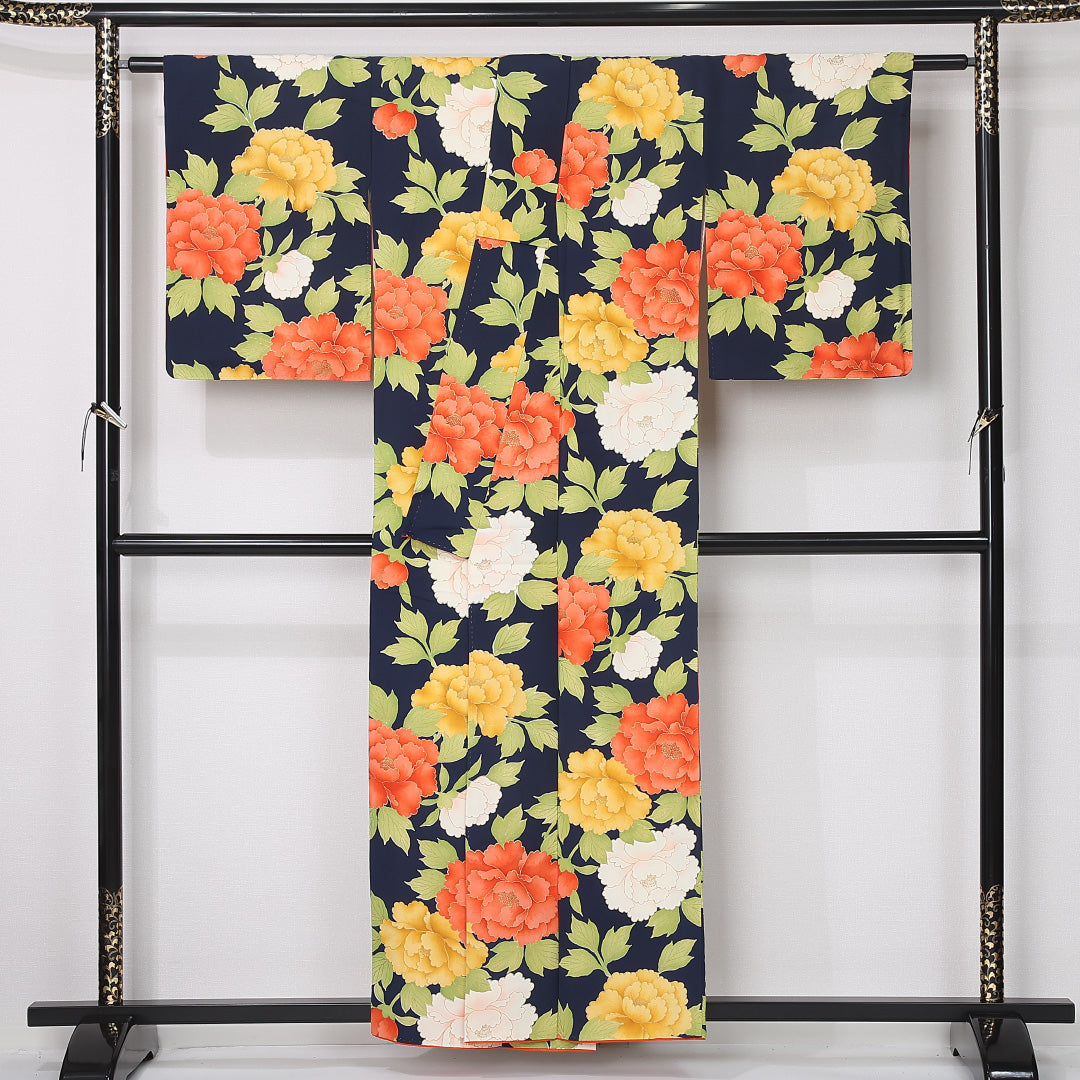 小紋 袷 身丈155cm 裄丈64cm 正絹 Sランク インフォーマル 広衿 Mサイズ 牡丹 紺系 RP 1221-12471