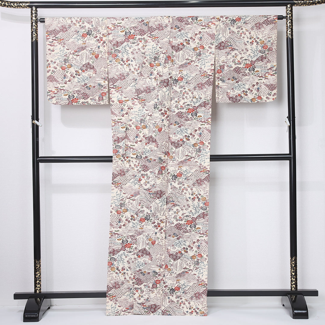紬 身丈164cm 裄丈66cm Cランク L 正絹 単衣 広衿 茶屋辻 後染め カジュアル クリーム系 1216-12216