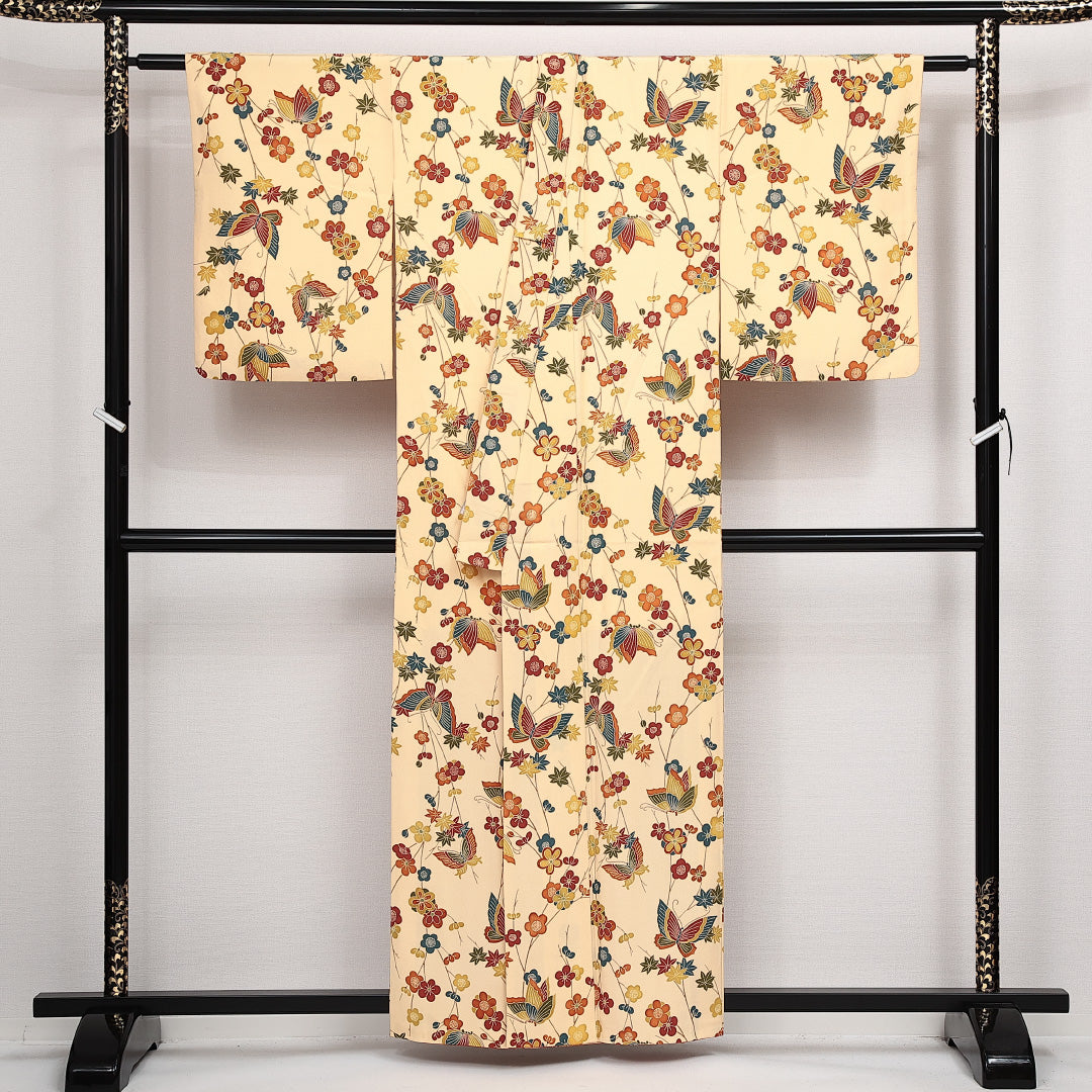 小紋 袷 身丈157cm 裄丈63cm 正絹 Sランク インフォーマル 広衿 Mサイズ 蝶 梅 黄系 RP 1221-14116