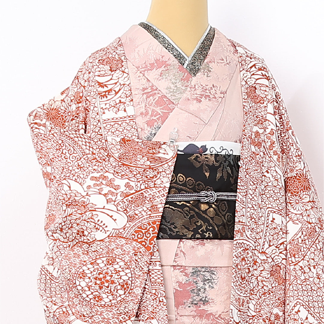 羽織 袷 身丈87cm 裄丈66cm 正絹 Sランク カジュアル Mサイズ 吉祥文様 赤系 RP 1232-12569
