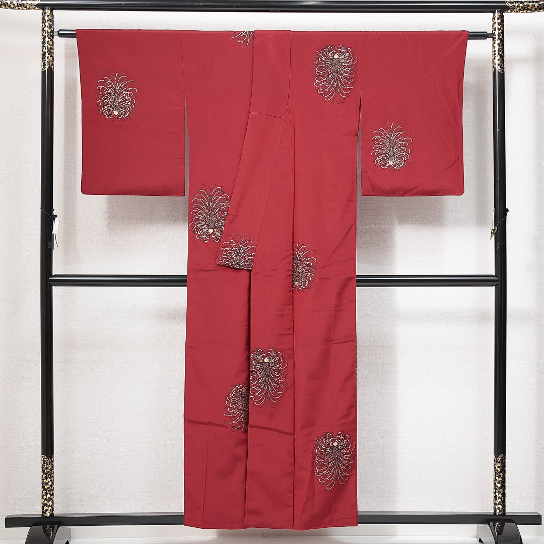 アンティーク お召 袷 身丈153cm 裄丈62cm 正絹 Aランク Sサイズ 広衿 菊 赤系 1265-14893
