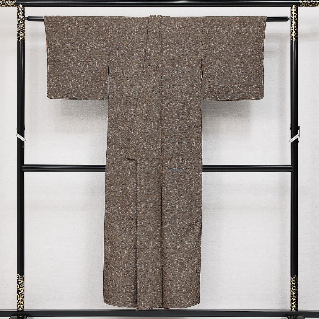アンティーク お召 袷 身丈148cm 裄丈62cm 正絹 Aランク バチ衿 XSサイズ 創作柄 茶系 RP 1222-14452