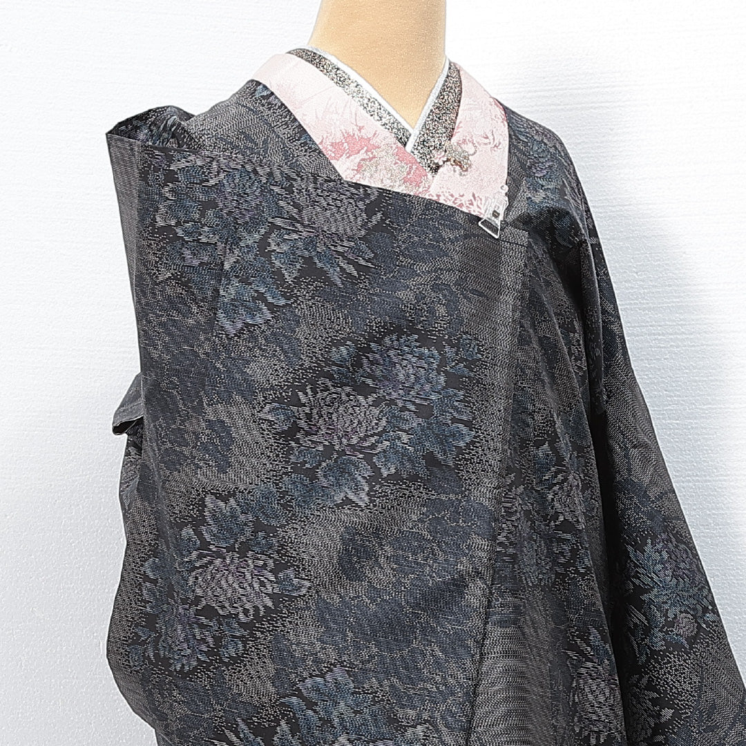 道行コート 大島紬 袷 身丈85cm 裄丈66cm 正絹 Sランク インフォーマル Mサイズ ポケットあり 菊 華やか 気品 グレー系 RP 1237-14679