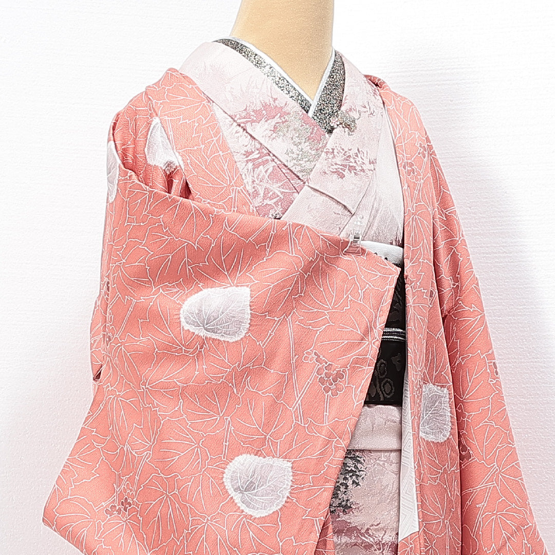 未使用品 羽織 袷 身丈92cm 裄丈65cm 正絹 Nランク カジュアル Mサイズ しつけ糸 葵 ピンク系 RP 1232-14697