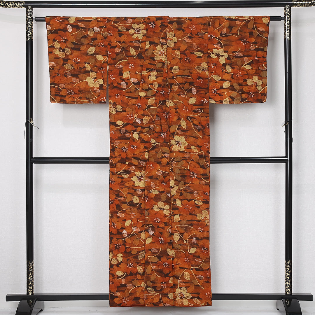 小紋 袷 身丈156cm 裄丈63cm 正絹 Sランク インフォーマル 広衿 Mサイズ 花柄 朱系 RP 1221-12479