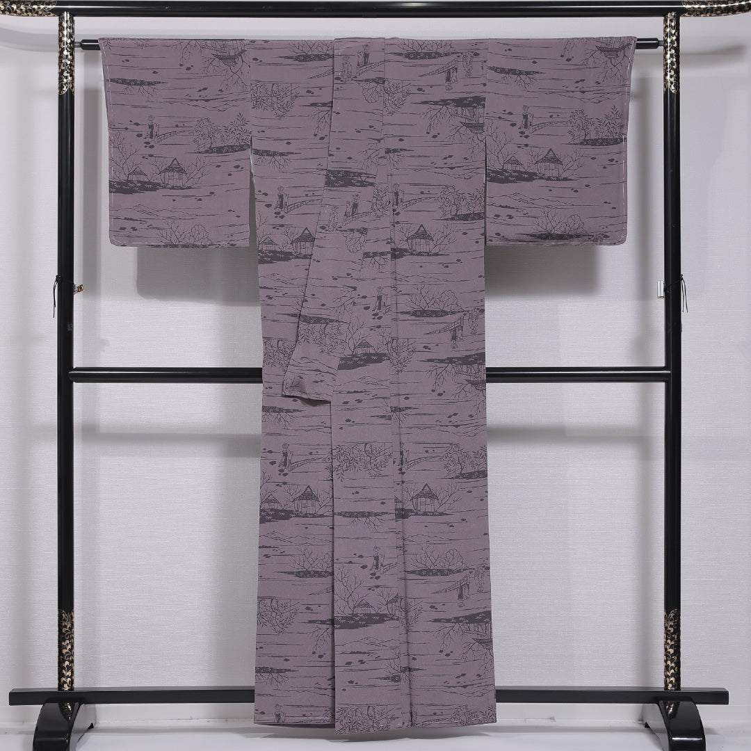 小紋 袷 身丈157cm 裄丈62cm 正絹 Sランク インフォーマル 広衿 Mサイズ 人物 茶屋辻 紫系 RP 1221-11776