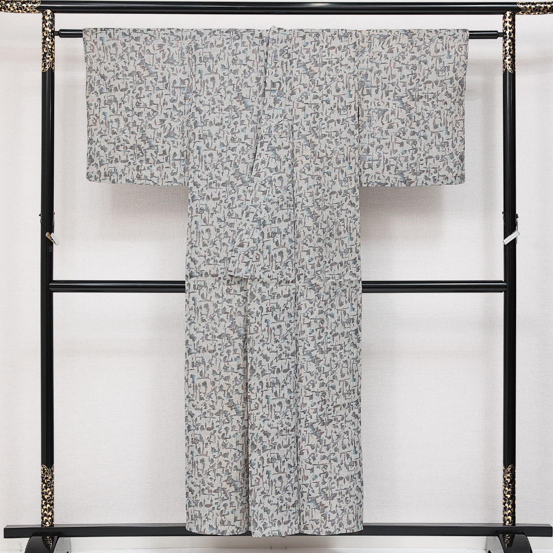 紬 夏物 洗える着物 身丈152cm 裄丈64cm Cランク 麻 バチ衿 Sサイズ カジュアル 創作柄 可憐 落ち着き グレー系 1216-14548
