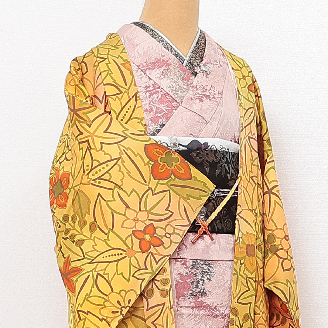 未使用品 羽織 袷 身丈81cm 裄丈64cm 正絹 Nランク カジュアル Mサイズ 紐あり しつけ糸 花柄 楓 黄系 RP 1232-13908