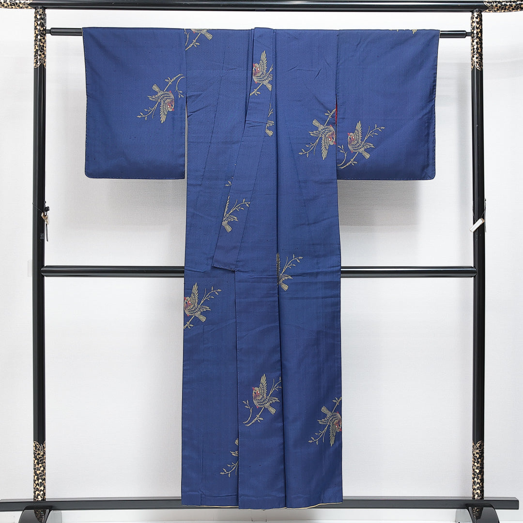 アンティーク お召 袷 身丈151cm 裄丈59cm 正絹 Aランク Sサイズ バチ衿 鳥 青系 1265-14878