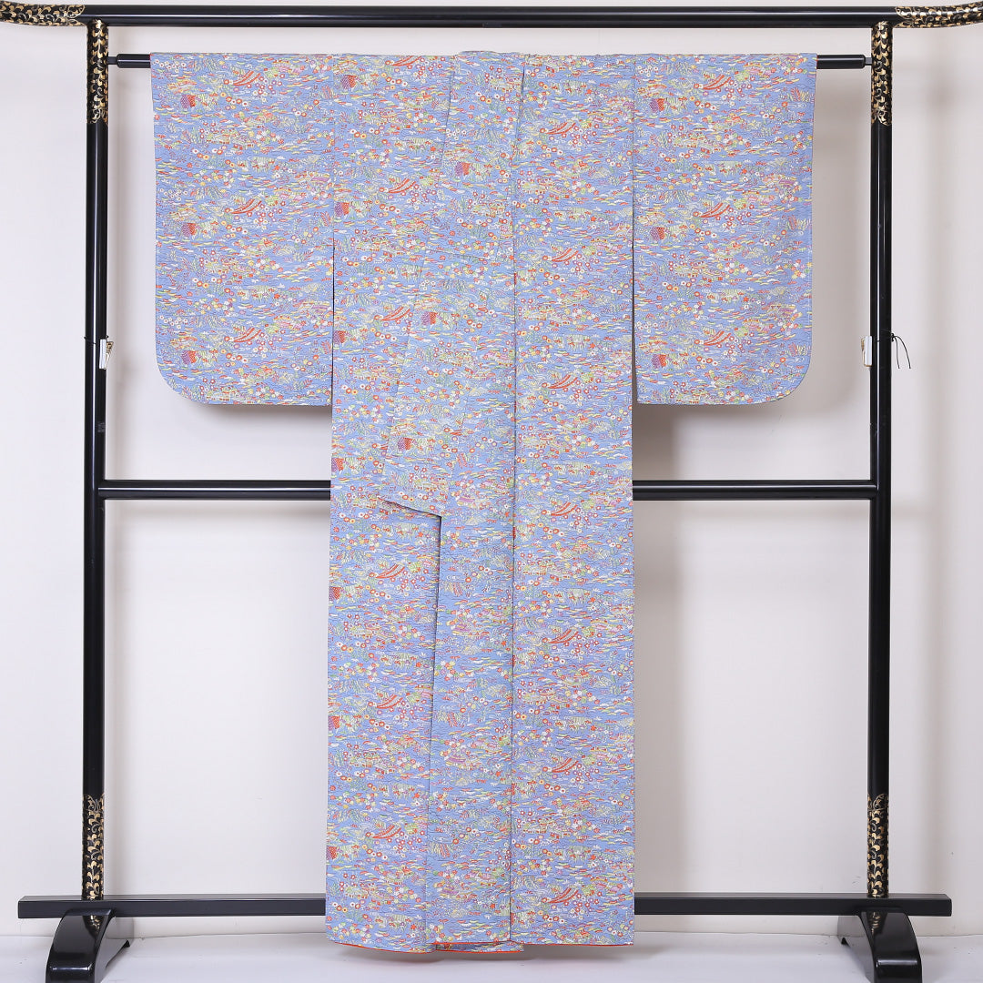 小紋 ちりめん 袷 身丈158cm 裄62.5cm 水色系 茶屋辻 正絹 Aランク 1215-01960-3324