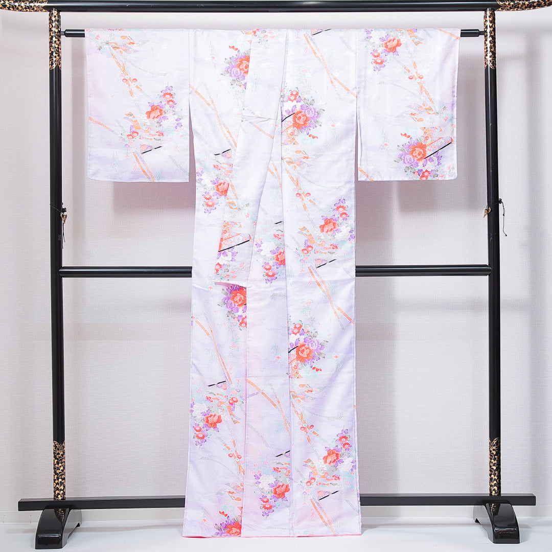 小紋 洗える着物 袷 身丈164cm 裄丈64cm ポリエステル Sランク Lサイズ 広衿 インフォーマル 牡丹 紫系 1215-14972